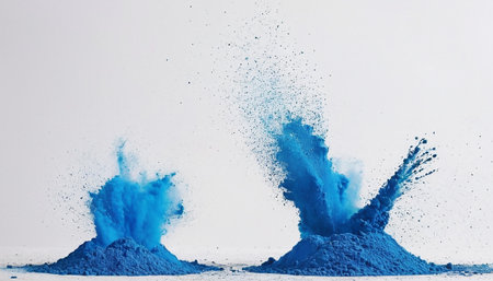 Blue paint splashes isolated on white background. Colorful explosion of paint.の素材