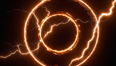 Fiery lightning bolt on a dark background. 3D illustration.の素材