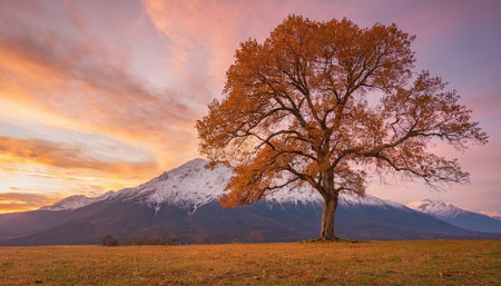 Autumn landscape with maple tree and snow-capped mountain.の素材