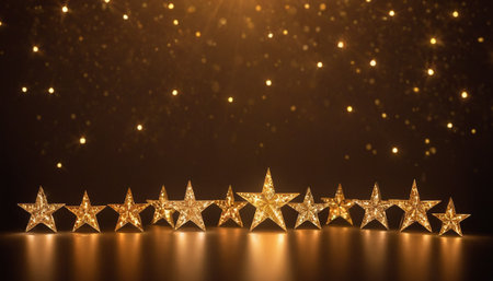 Five golden stars on a dark background with bokeh effect.の素材