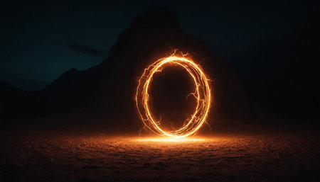 Fiery circle on dark background. 3d rendering. Computer digital drawing.の素材