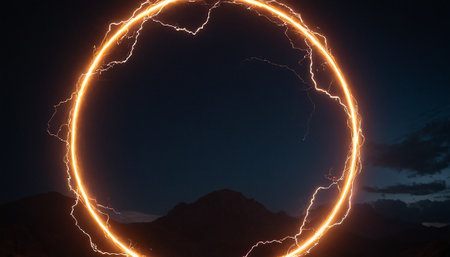 Lightning over mountain landscape at night. 3D Rendering.の素材