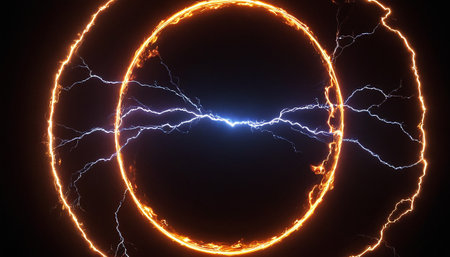 Lightning bolt in the shape of a circle on a black backgroundの素材