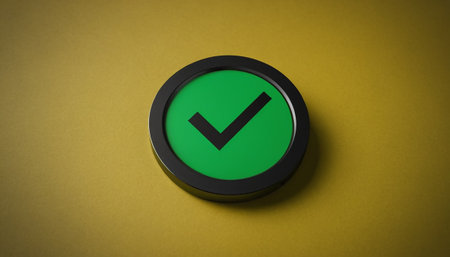Green check mark button on yellow background with copy space, 3d renderの素材