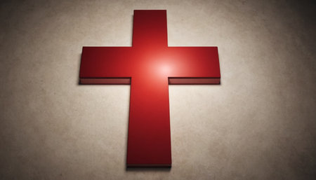 Red christian cross on concrete background. 3D rendering illustration.の素材