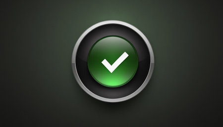 Green button with check mark on a dark background. Vector illustration.の素材