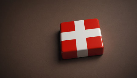 Flag of Denmark on a small gift box. 3D rendering.の素材