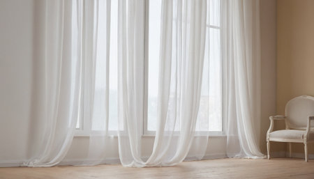 White curtains in the room. 3d rendering, 3d illustration.の素材