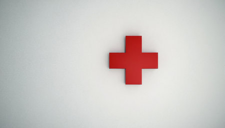 Red cross on white background, 3d render illustration. Computer digital drawing.の素材