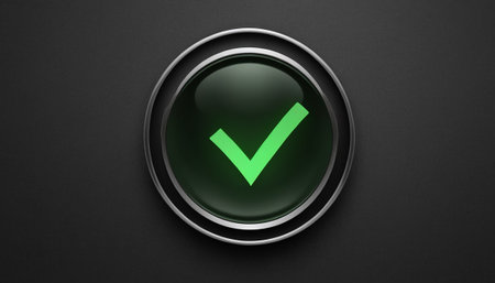 Green check mark button on black background. 3D Rendering.の素材