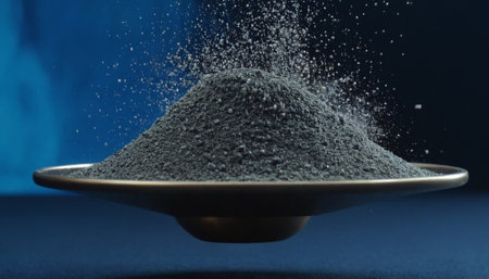 Powdered black powder in a bowl on a blue backgroundの素材