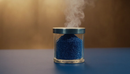 blue sand in a glass container on a blue background with smoke.の素材
