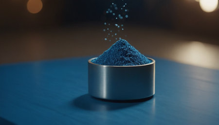 Blue powder in a metal bowl on a dark background, close-upの素材