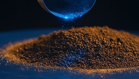 Close-up of a sandglass with sand on a dark backgroundの素材