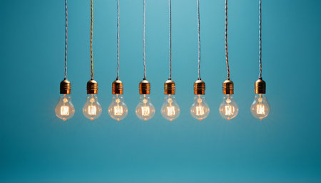 Group of vintage light bulbs on a blue background with copy space.の素材