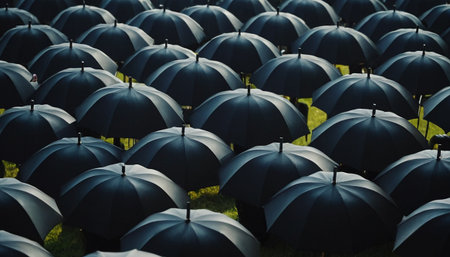 Black umbrellas in a row on a green meadow.の素材