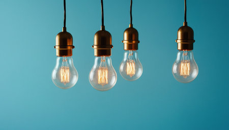Vintage edison light bulbs on blue background. Idea concept.の素材