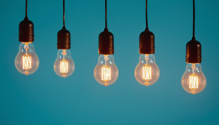 Incandescent Edison light bulbs on blue background. Concept of idea.の素材