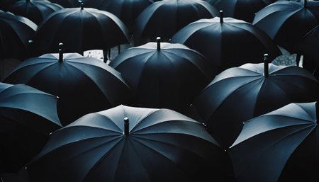 Black umbrellas in the rain. Rainy weather concept.の素材