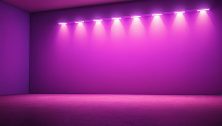Purple wall with spotlights. 3D rendering. Mock up.の素材