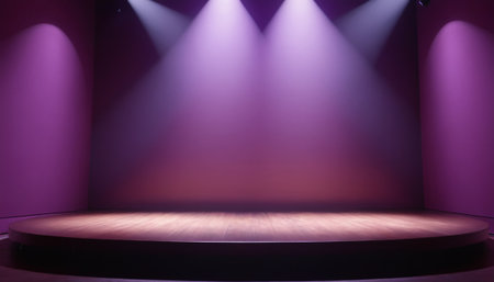 Empty stage illuminated with spotlights. 3d render illustration mockupの素材