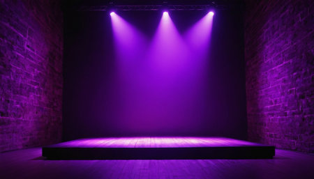 Purple stage with spotlights. 3D rendering. Purple stage backgroundの素材