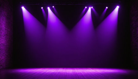 Purple stage background with spotlights and spotlight. Stage background.の素材