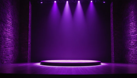 Stage illuminated with spotlights. Purple stage background. 3d renderの素材