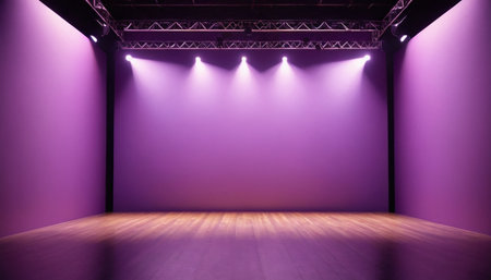 Purple stage with spotlights and wooden floor, 3d renderの素材