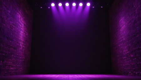 Purple stage with spotlights. 3d illustration. Empty stage background.の素材
