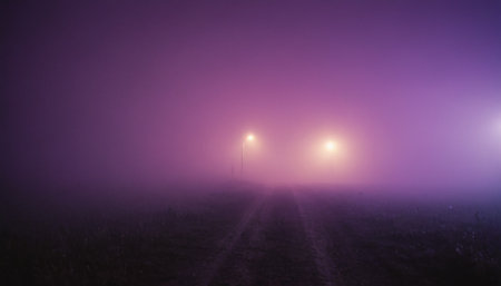 Road in a foggy field at night with streetlights in the foregroundの素材