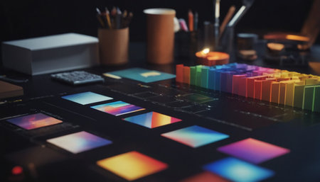 Close-up shot of graphic designer working with color palette on deskの素材
