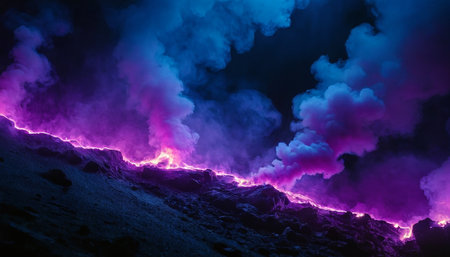 Volcanic eruption at night with smoke in the sky, close-upの素材