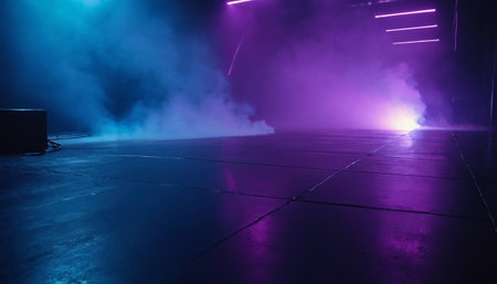 Empty stage with lights, smoke and spotlights. Dark background.の素材