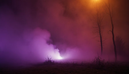 Foggy forest at night. Foggy landscape with fog.の素材