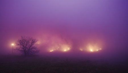 Foggy night in the field with a tree and lanternsの素材
