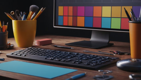 Close up of graphic designer desktop with computer, supplies and other itemsの素材