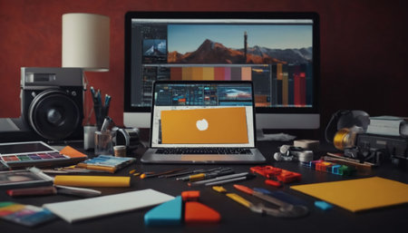 Graphic designer desktop with laptop, digital tablet, camera and other equipmentの素材