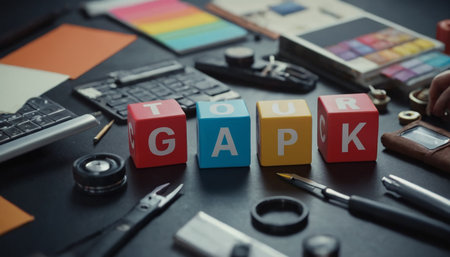 Closeup shot of colorful cubes with word GAP on black deskの素材