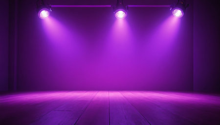 Purple stage background with spotlights and wooden floor. 3D Renderingの素材