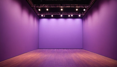 Purple wall with spotlights and wooden floor. 3d renderingの素材