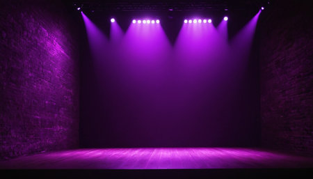 Purple stage with spotlights in the dark. 3d renderingの素材