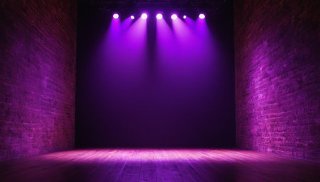 Purple stage with spotlights in empty room. 3D renderingの素材