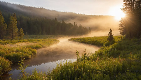 Foggy morning on the mountain river. Beautiful summer landscape.の素材