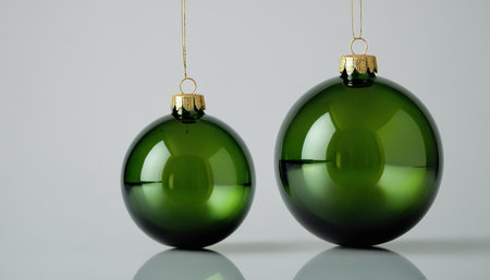 Two green christmas baubles on a grey background with reflectionの素材