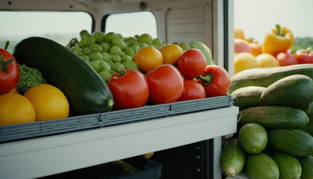 Vegetables and fruits in a truck. Selective focus.の素材