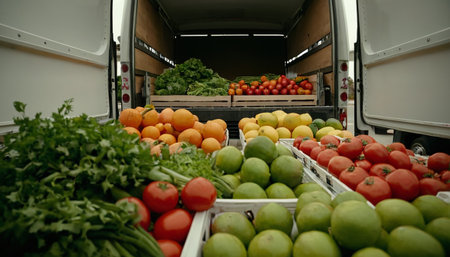 Fruits and vegetables in a box in the supermarket. Vegetables in the foreground.の素材