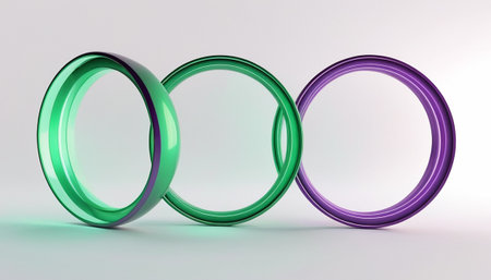 3d illustration of three rings in green and purple on white backgroundの素材
