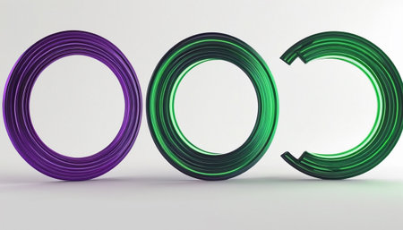 Abstract 3d rendering of geometric shapes in green and purple colors.の素材