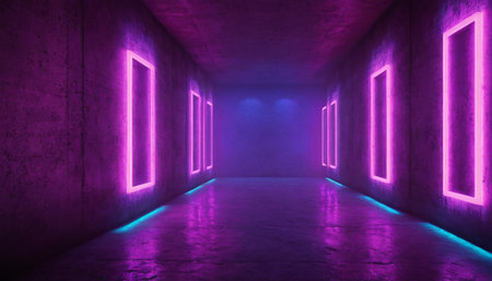 Futuristic corridor with neon lights, 3d rendering. Computer digital drawing.の素材